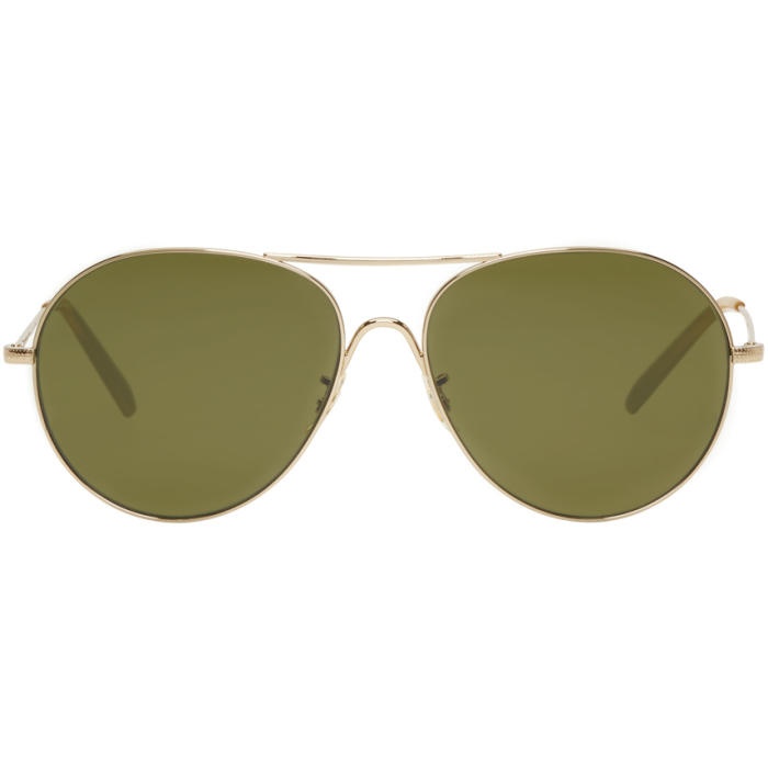 Photo: Oliver Peoples Gold and Green Rockmore Aviator Sunglasses