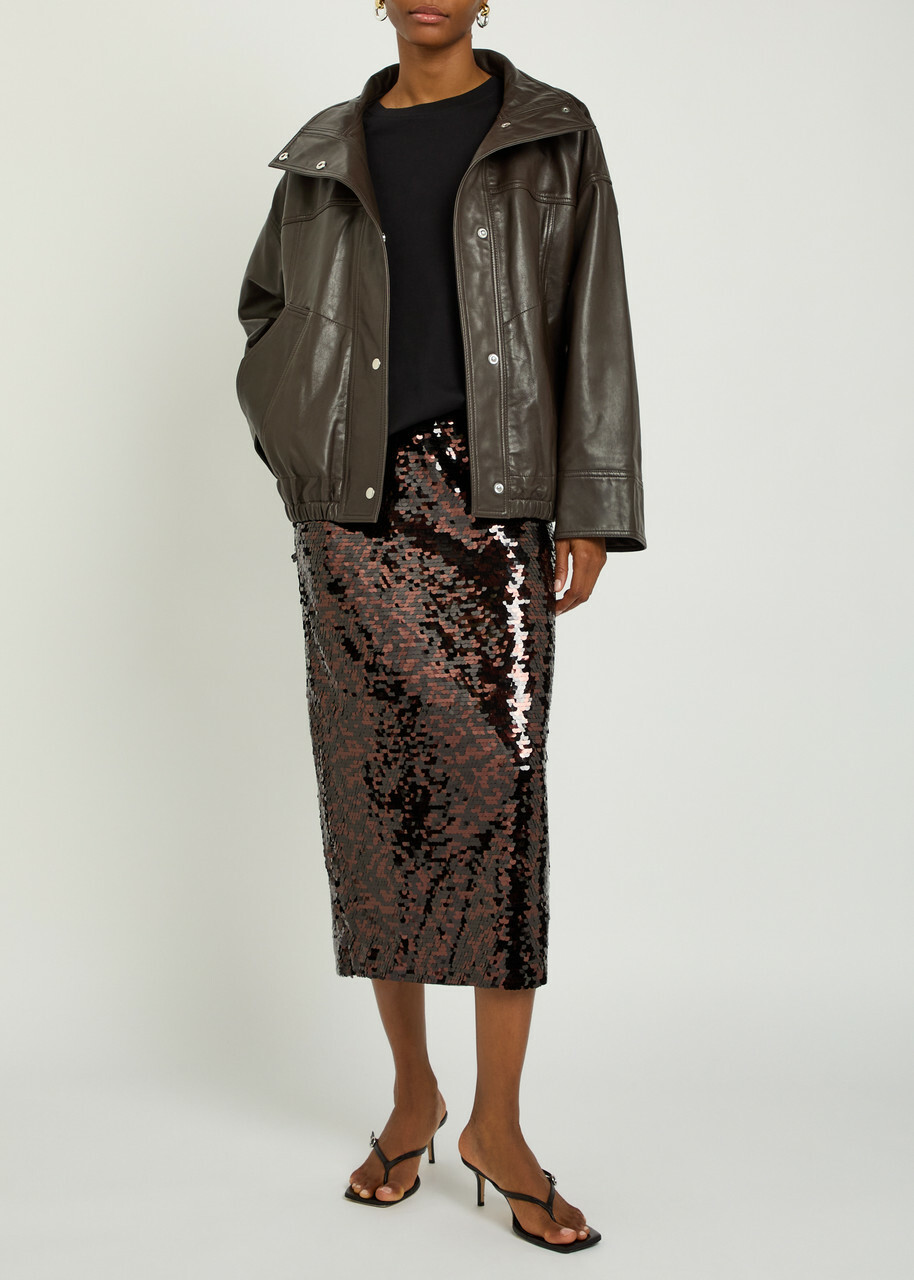 Staud Ciara Sequin-embellished Mesh Midi Skirt Dark Brown