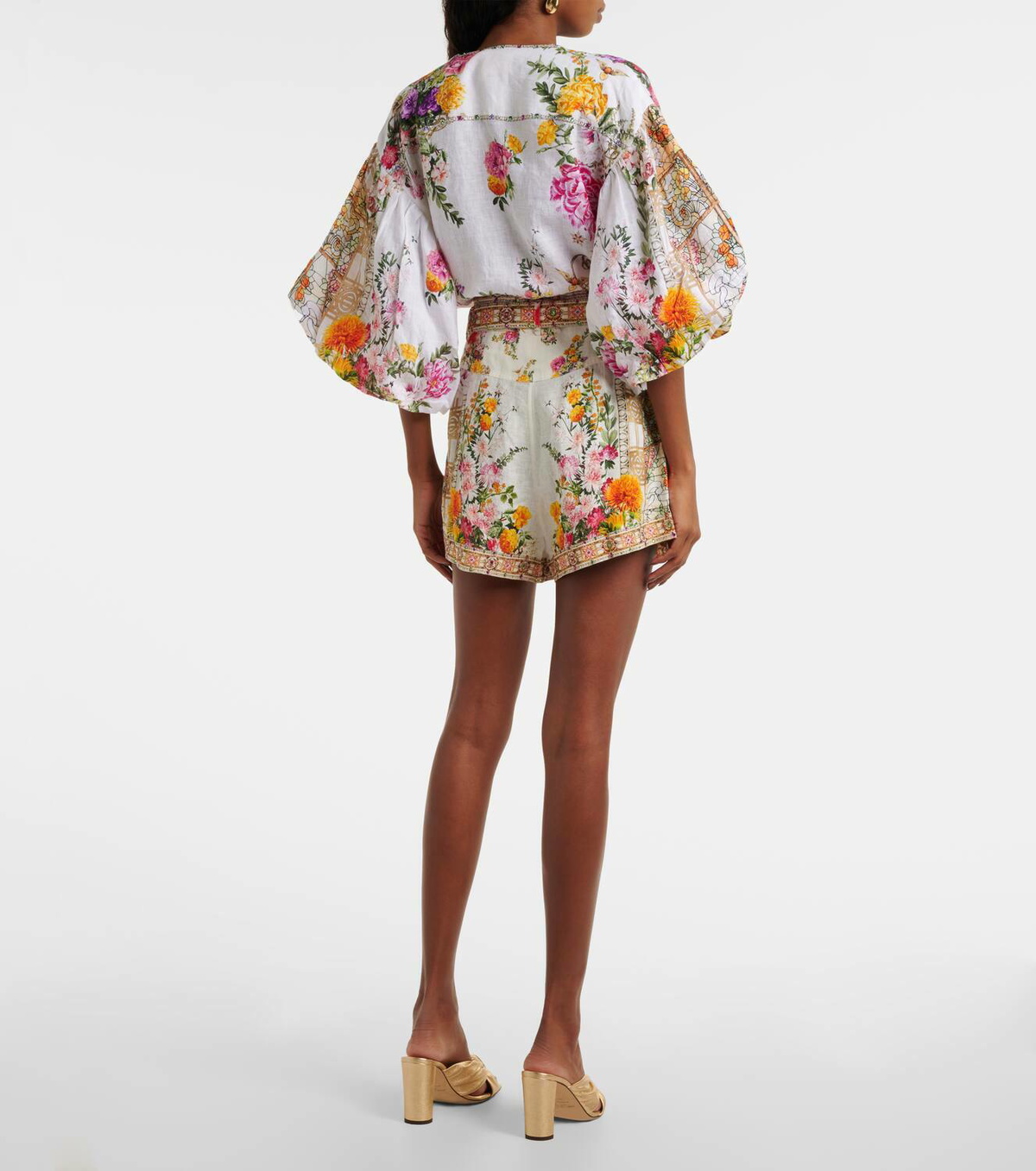 Camilla Floral high-rise belted linen shorts