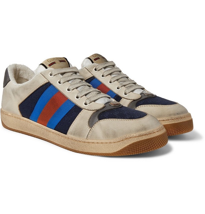 Photo: Gucci - Screener Webbing-Trimmed Distressed Leather and Canvas Sneakers - Navy
