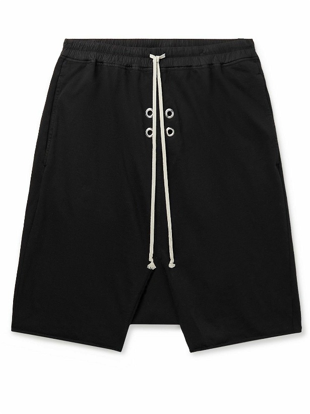 Photo: DRKSHDW by Rick Owens - Pods Straight-Leg Eyelet-Embellished Cotton-Jersey Drawstring Shorts - Black