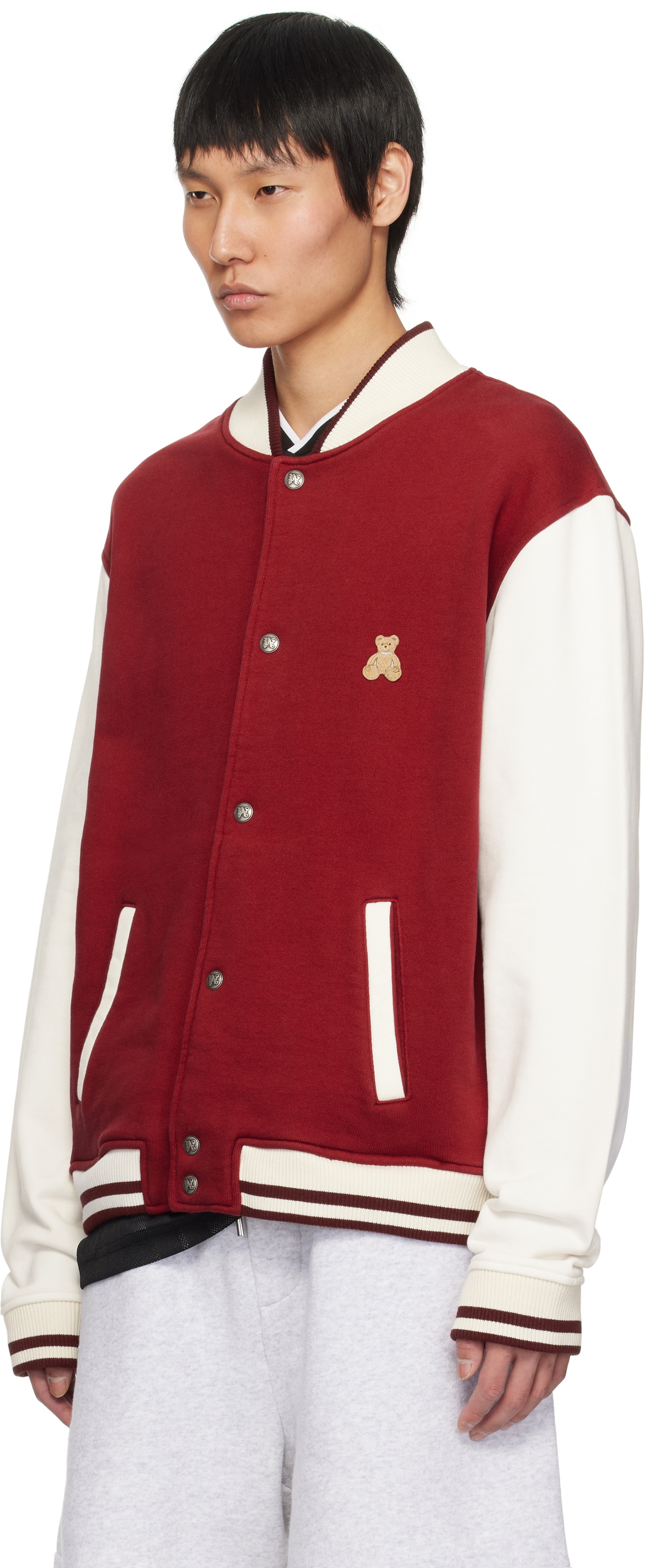 Palm Angels Red & White 'Bear in Mind' Varsity Bomber Jacket