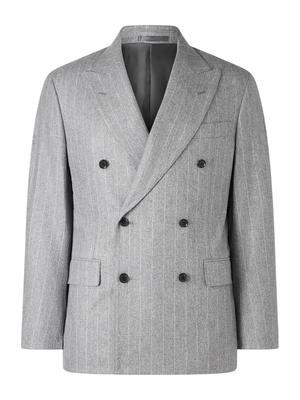 Photo: Kaptain Sunshine - Double-Breasted Pinstriped Wool Suit Jacket - Gray