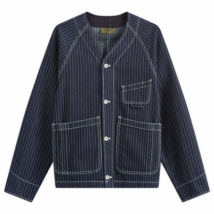 Photo: Uniform Bridge Men's Stripe Denim Pocket Cardigan Jacket in Blue