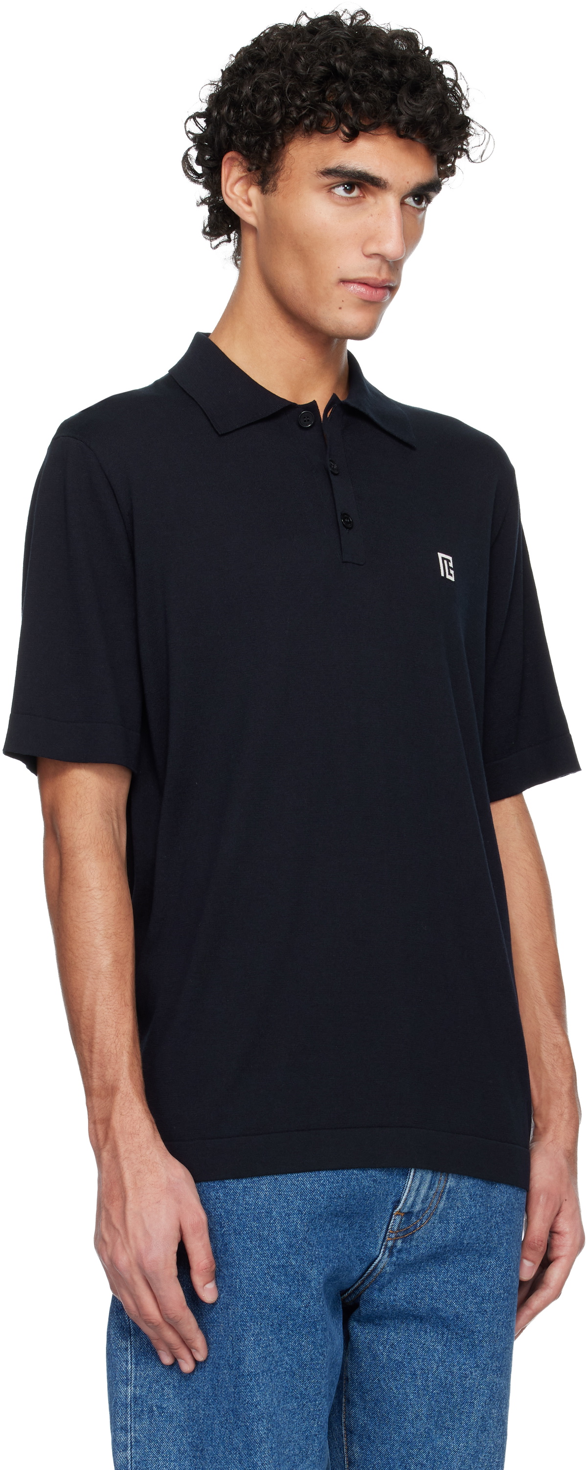 Balmain Navy Embroidered Cotton Polo