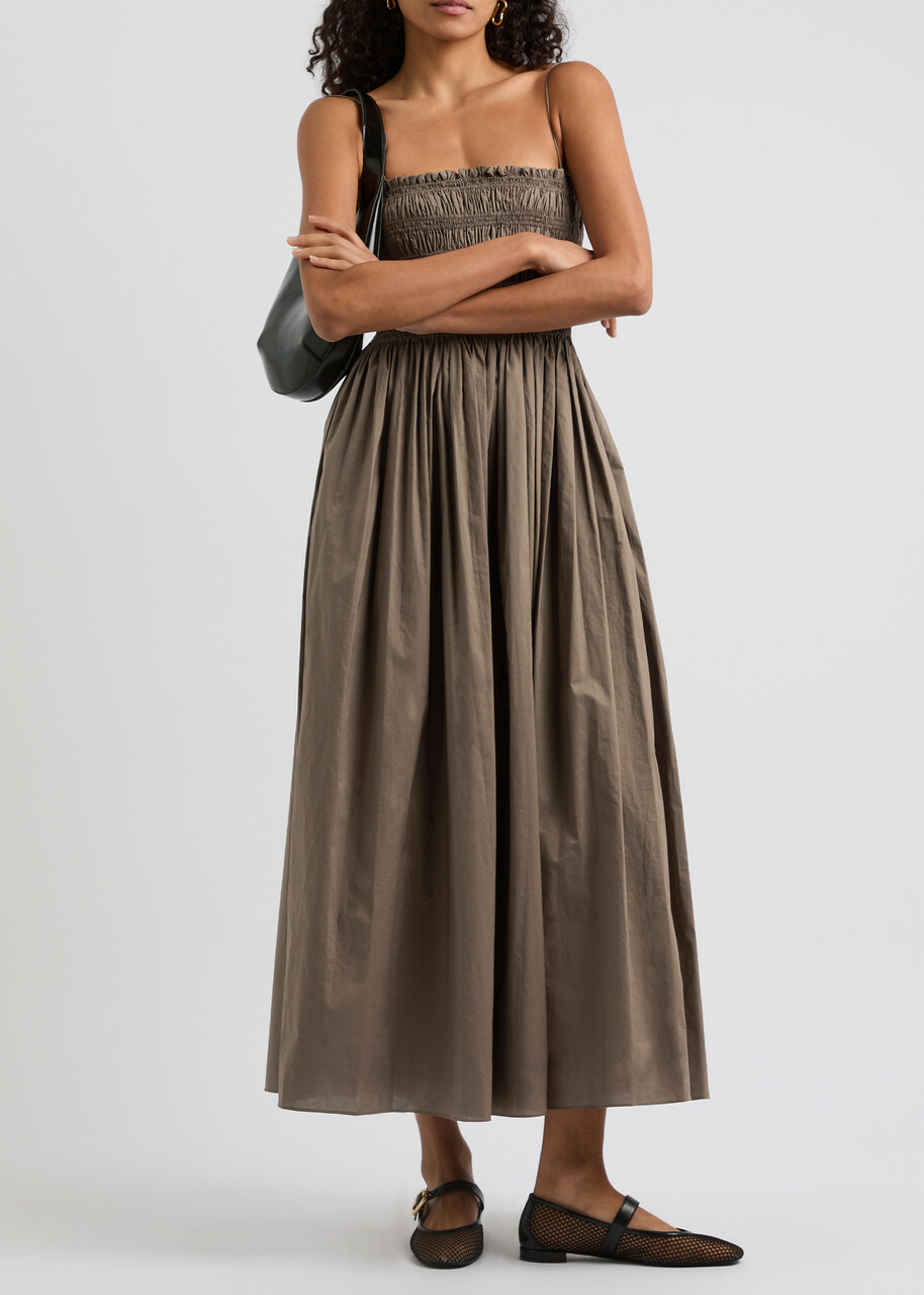 Matteau Smocked Cotton Midi Dress Khaki