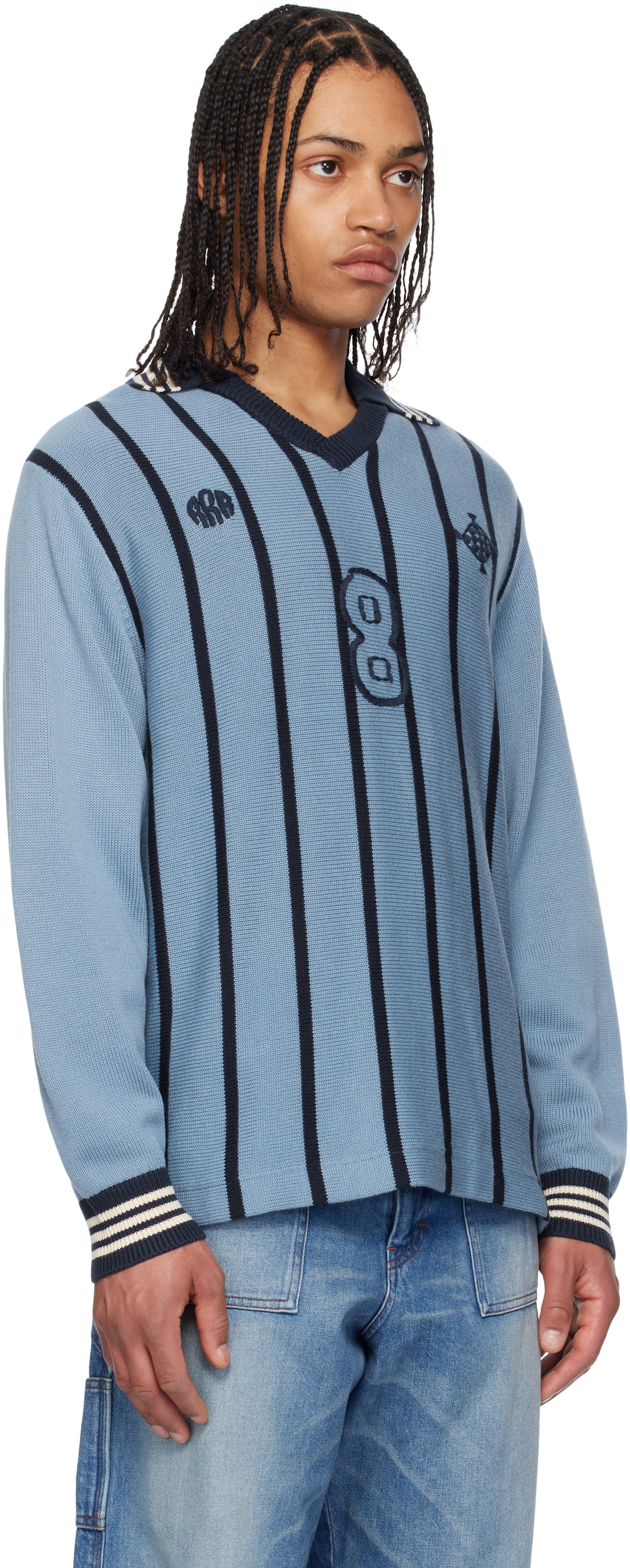 RICE NINE TEN Blue Knitting Long Sleeve Soccer Jersey Polo