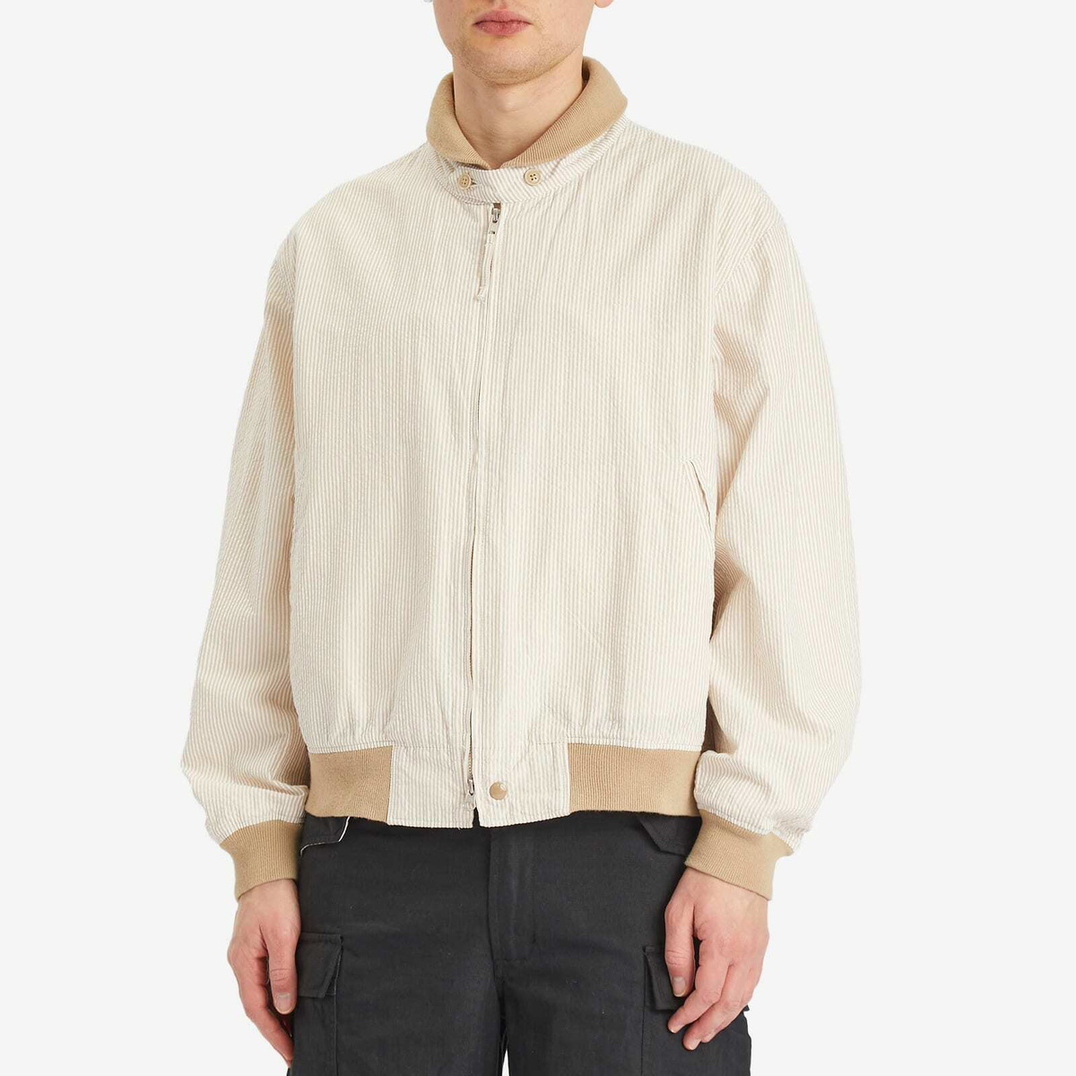 Engineered Garments Men's LL Jacket in Beige Seersucker Stripe