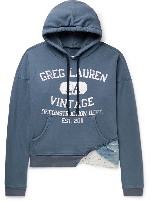Photo: Greg Lauren - Distressed Logo-Print Cotton-Jersey, Waffle-Knit and Denim Hoodie - Blue
