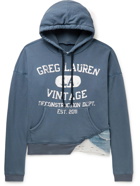 Greg Lauren - Distressed Logo-Print Cotton-Jersey, Waffle-Knit and Denim Hoodie - Blue