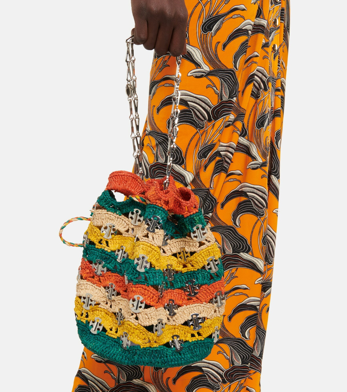 Embellished Raffia Bucket Bag in Multicoloured - Rabanne