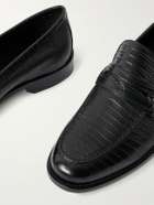 Manolo Blahnik - Perry Lizard-Effect Leather Penny Loafers - Black