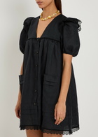 Ganni Lace-trimmed Linen Mini Dress Black