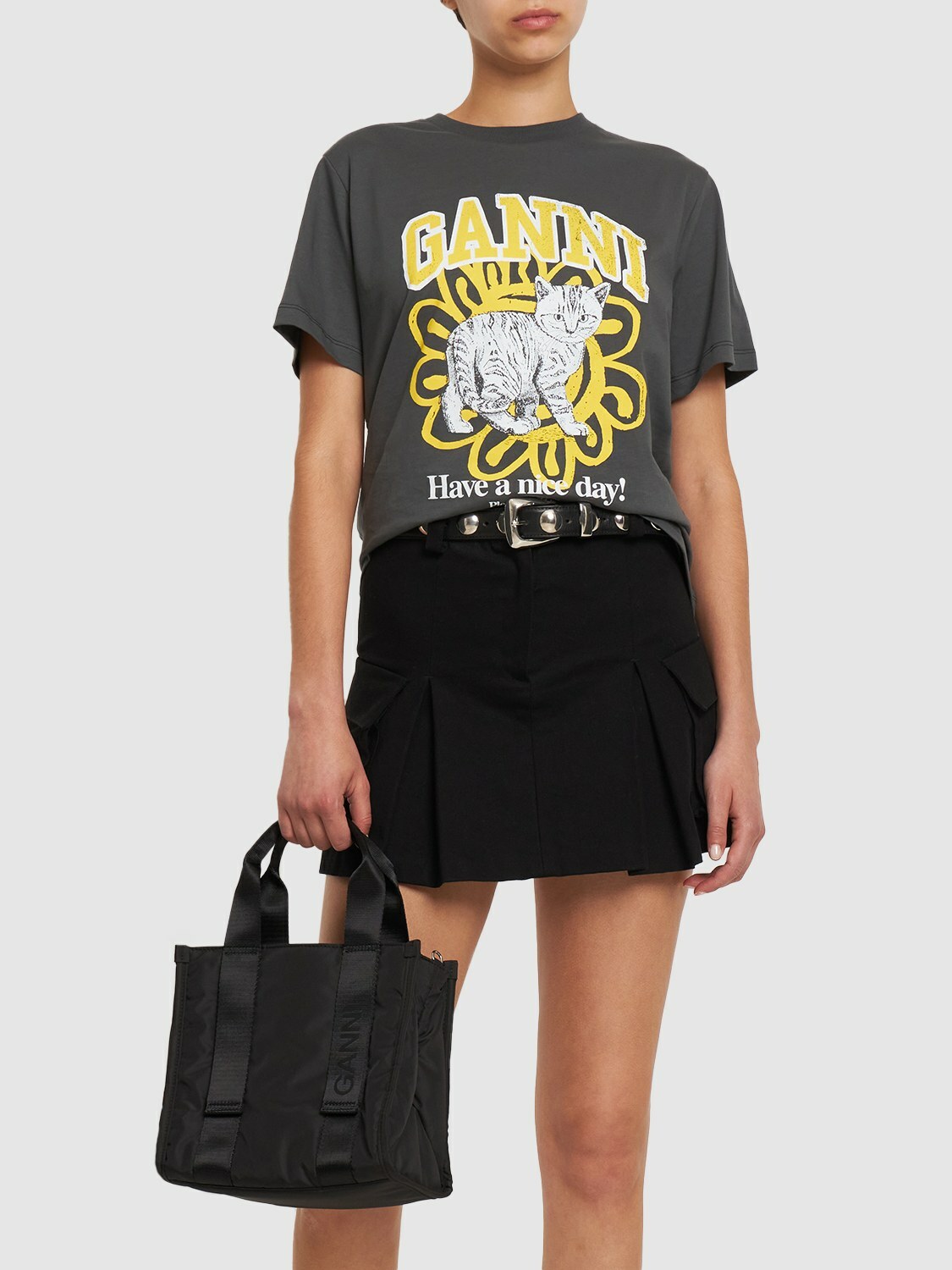 【GANNI】ブラック＆ベージュ ミニ Tech トートバッグ GANNI Black & Beige Mini Tech Tote GANNI