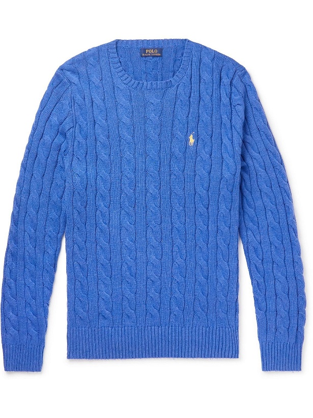 Photo: Polo Ralph Lauren - Logo-Embroidered Cable-Knit Cotton Sweater - Blue