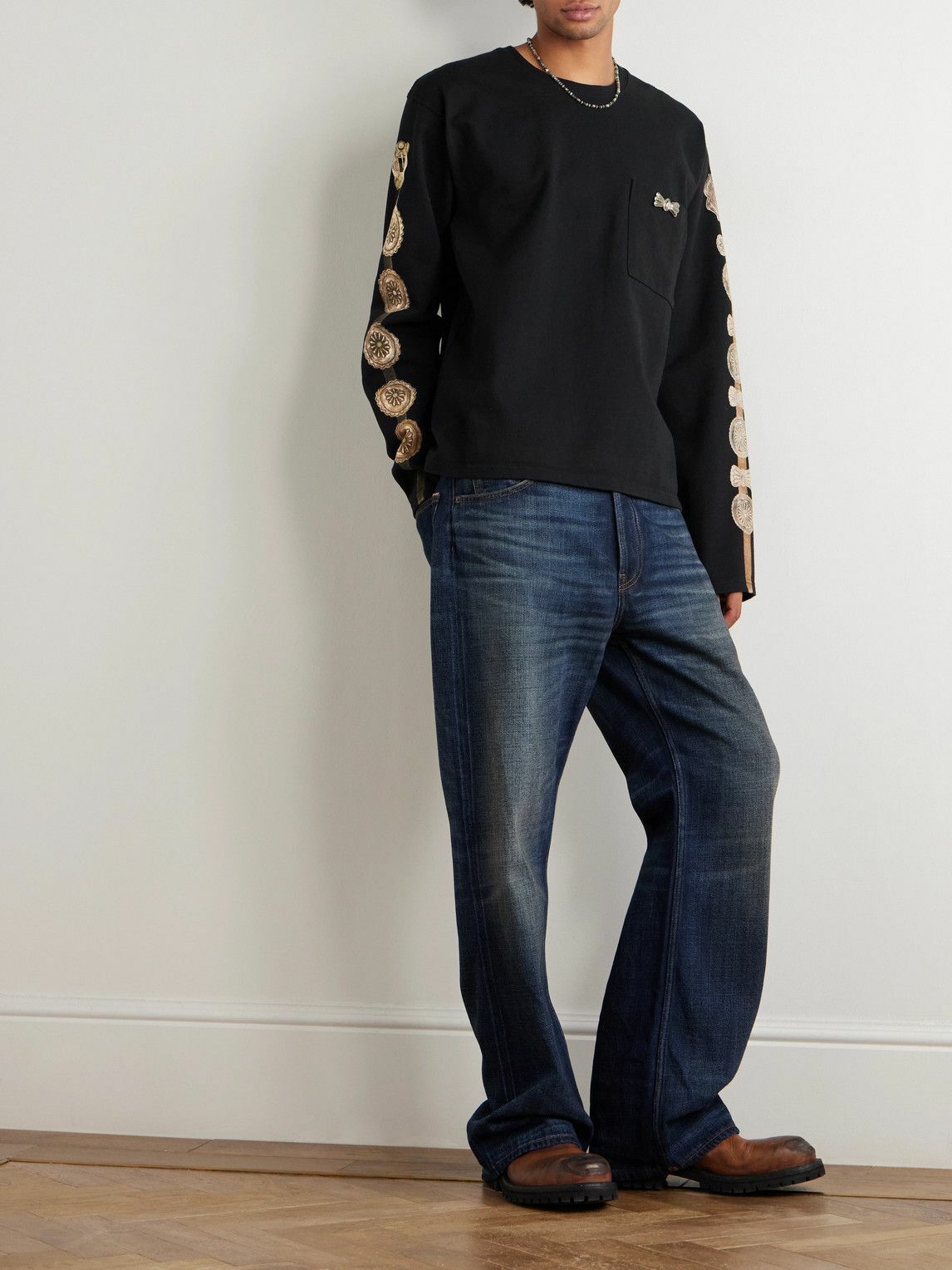KAPITAL - Dense Appliquéd Printed Cotton-Jersey T-Shirt - Black