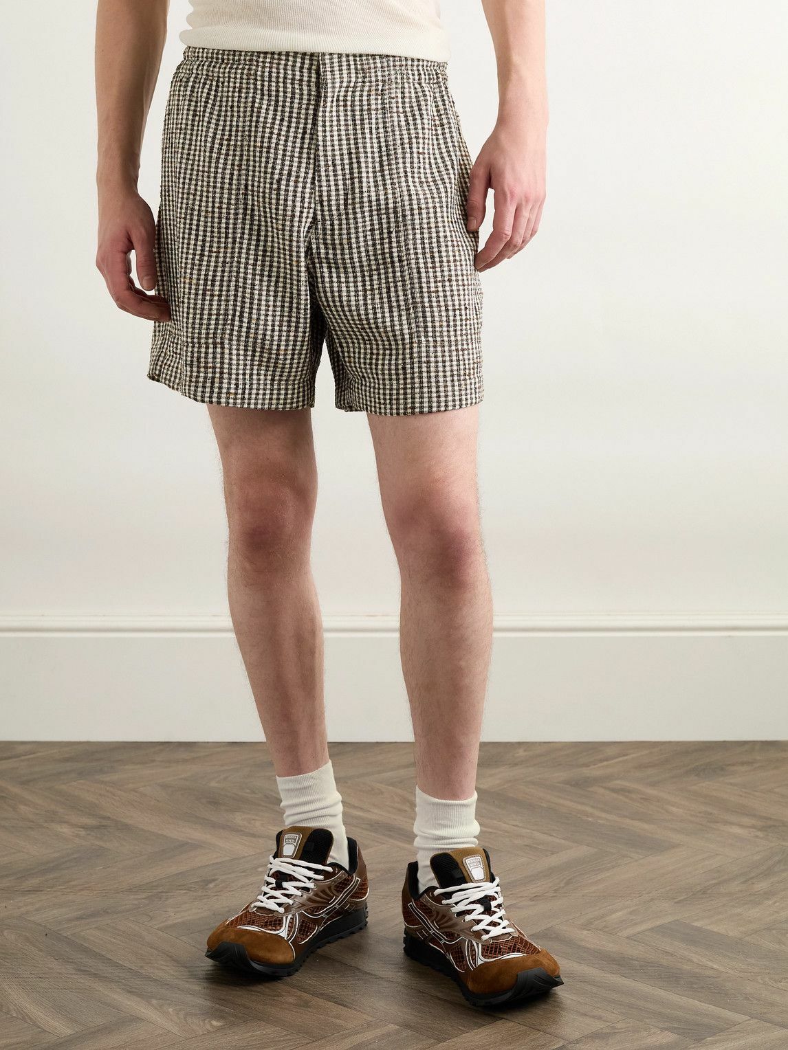 Bottega Veneta - Straight-Leg Checked Woven Shorts - Brown