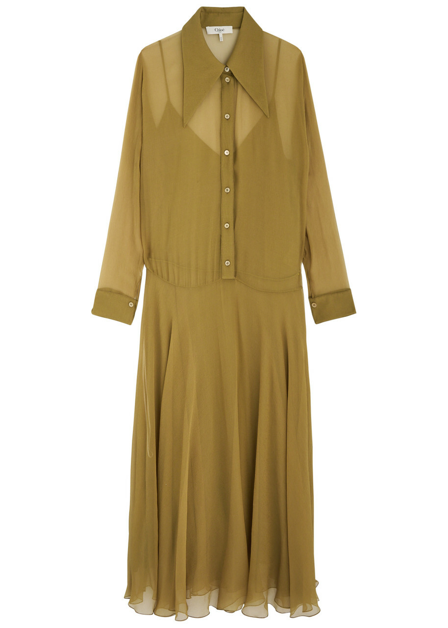 Chloe Silk-georgette Maxi Shirt Dress Green Olive Chloe