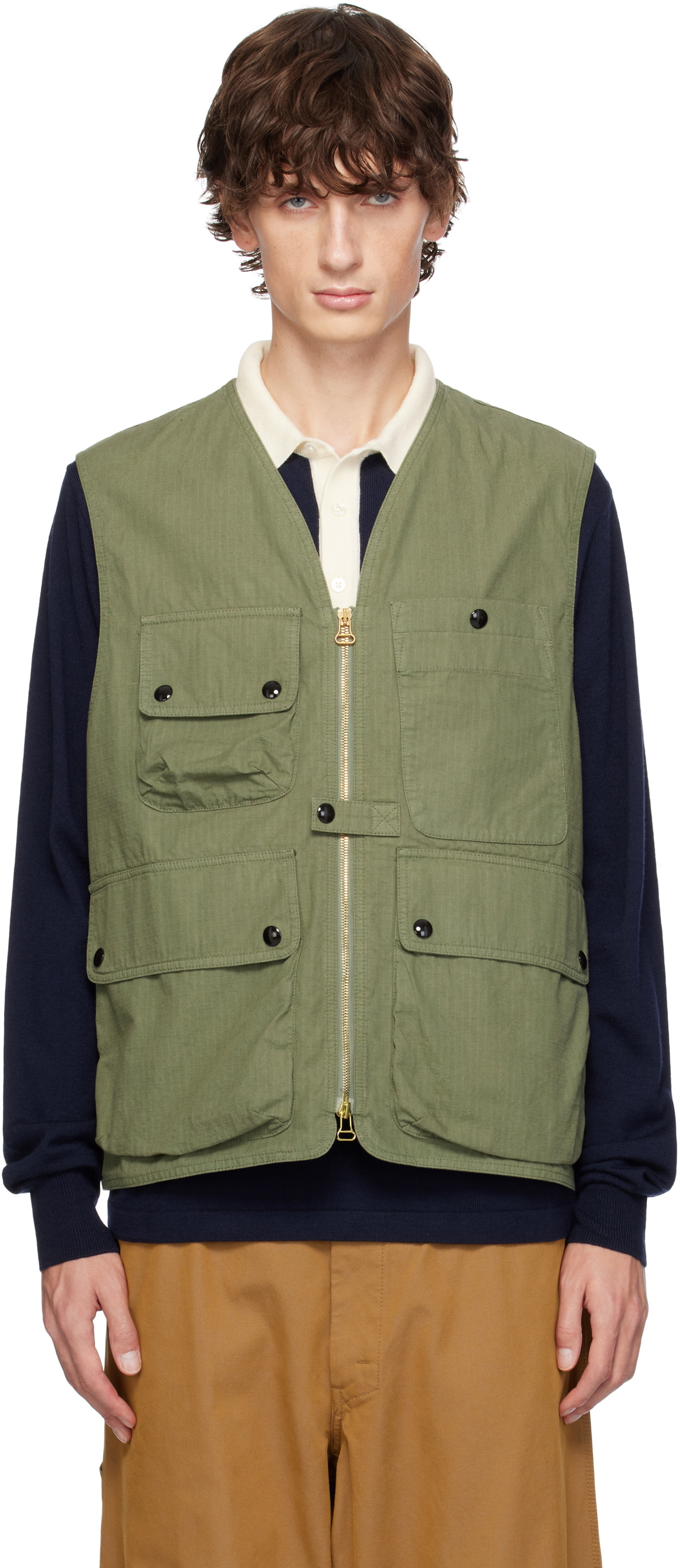 Drake's Khaki Ripstop Cotton Fishing Vest Drake's