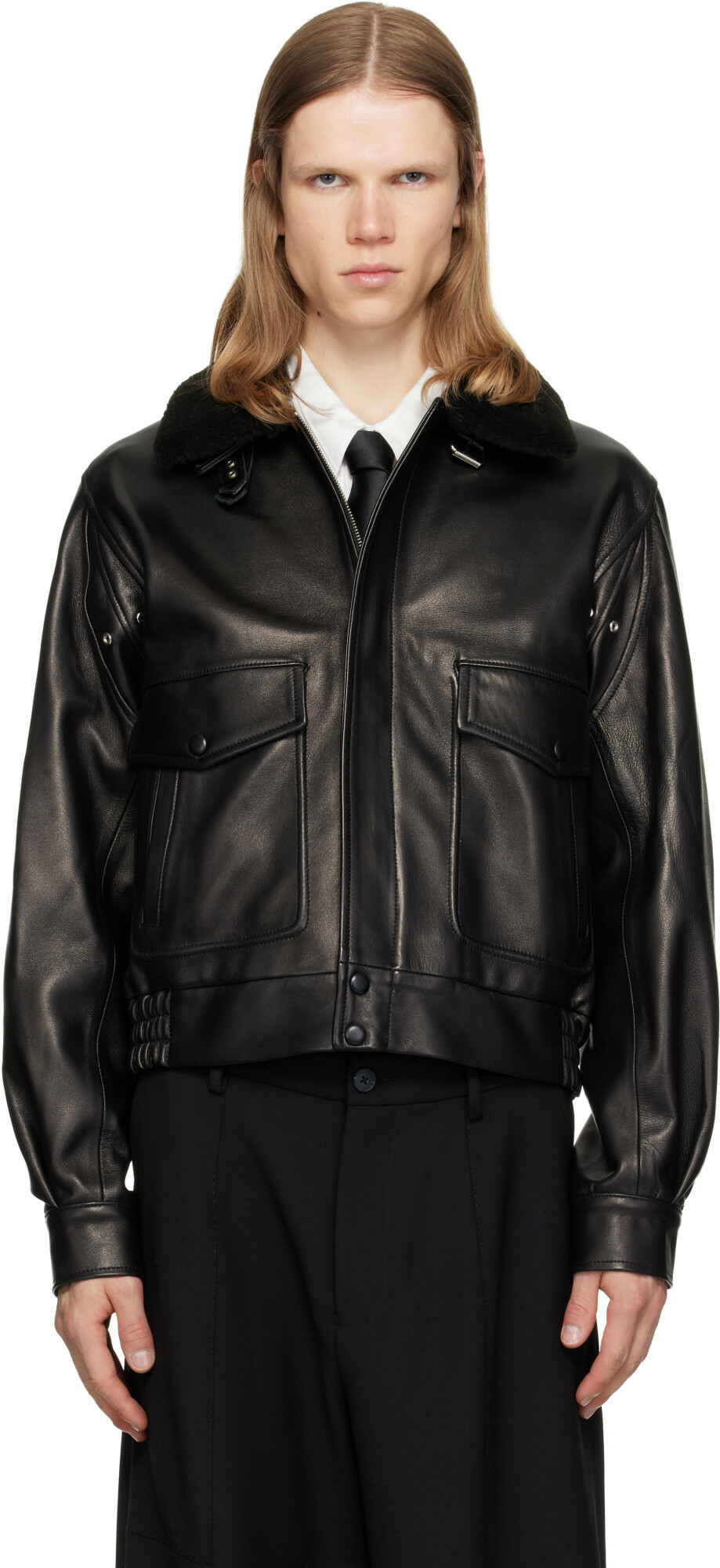 Ernest W. Baker Black Aviator Leather Bomber Jacket