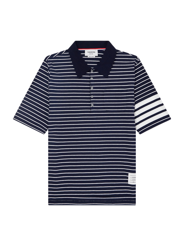 Photo: Thom Browne - Striped Logo-Appliqué Cotton-Blend Terry Polo Shirt - Blue