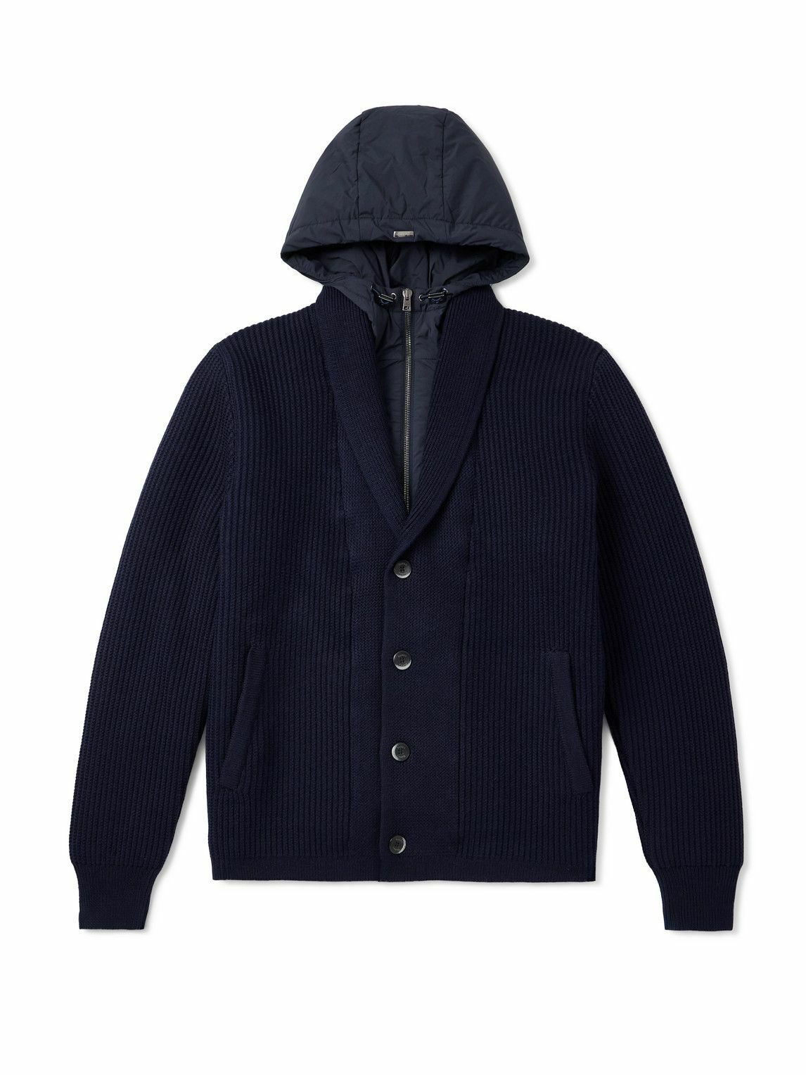 Herno - Layered Shawl-Collar Ribbed Wool and Stretch-Nylon Hooded Jacket - Blue