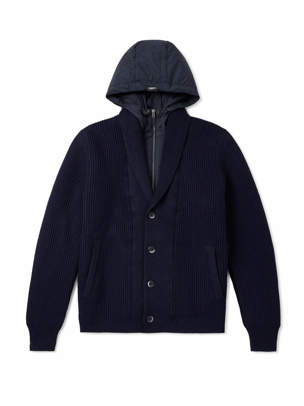 Photo: Herno - Layered Shawl-Collar Ribbed Wool and Stretch-Nylon Hooded Jacket - Blue