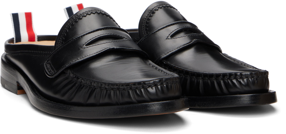 Thom Browne Black Calf Flexible Leather Mule Penny Loafers