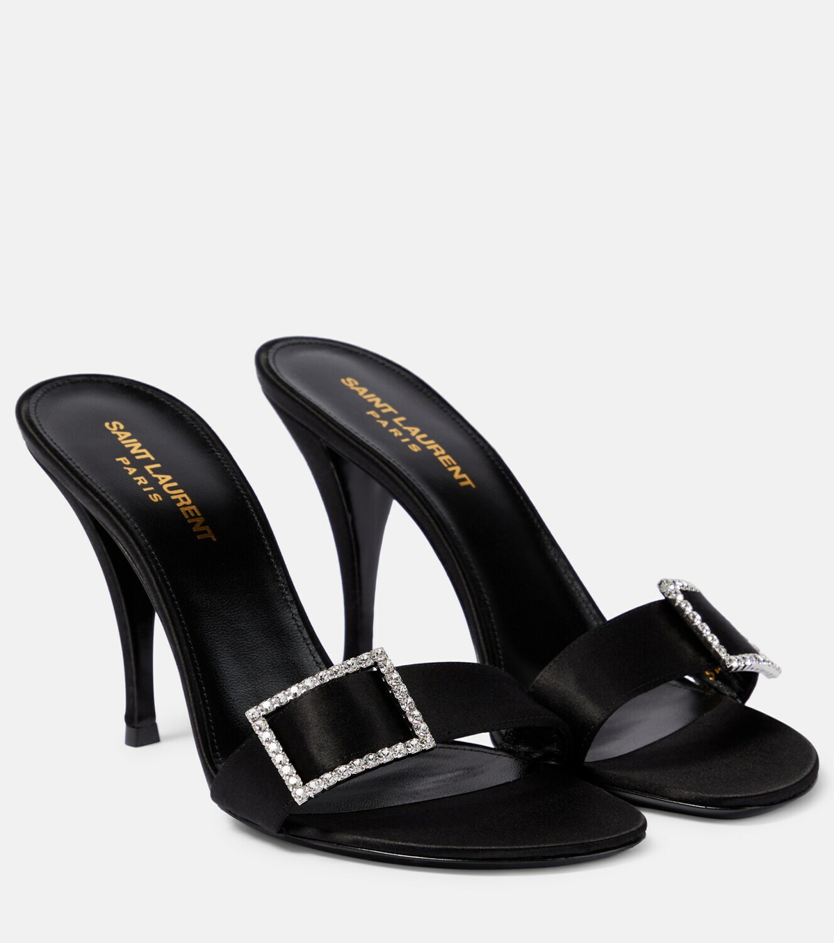 Ava 105 Embellished Satin Sandals in Black - Saint Laurent