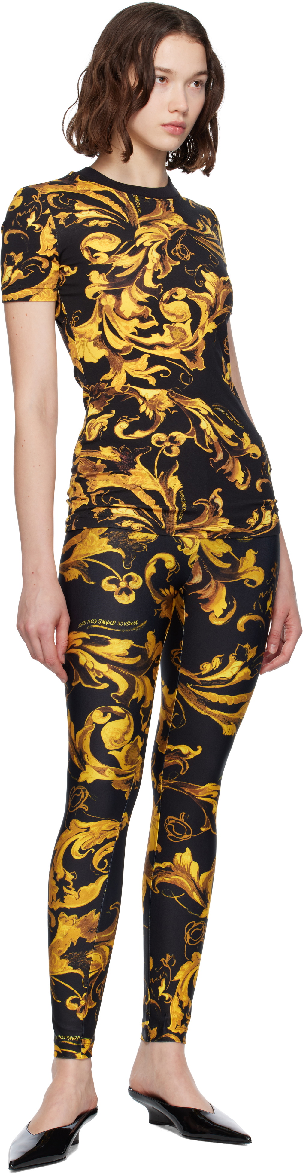 Versace Jeans Couture Black & Gold Lycra Barocco Leggings