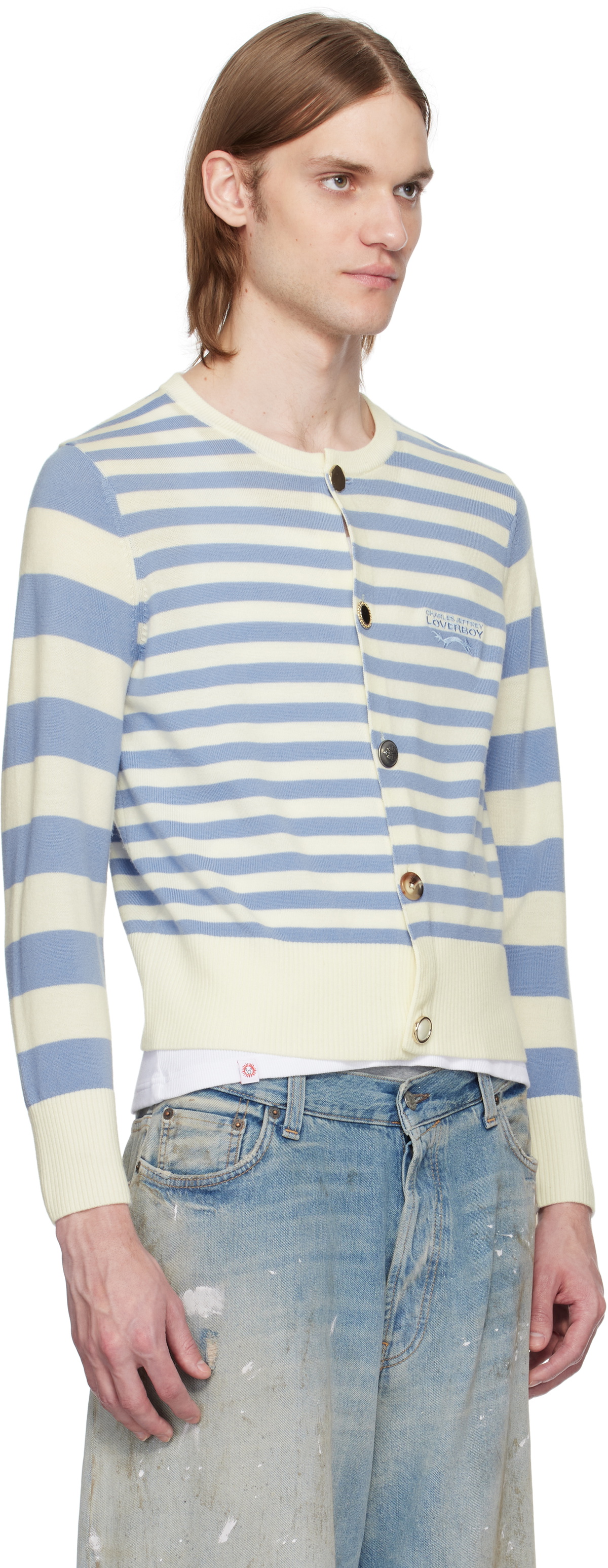 Charles Jeffrey LOVERBOY Off-White & Blue Button Down Cardigan