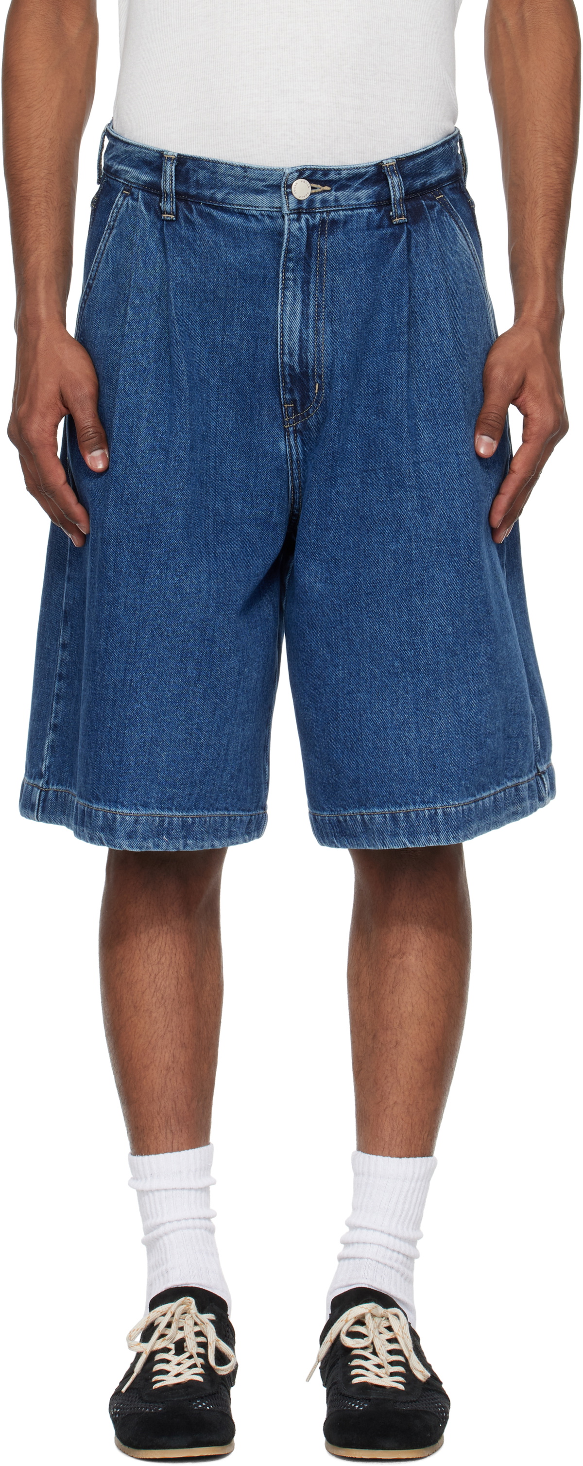 Solid Homme Blue Pleated Denim Shorts