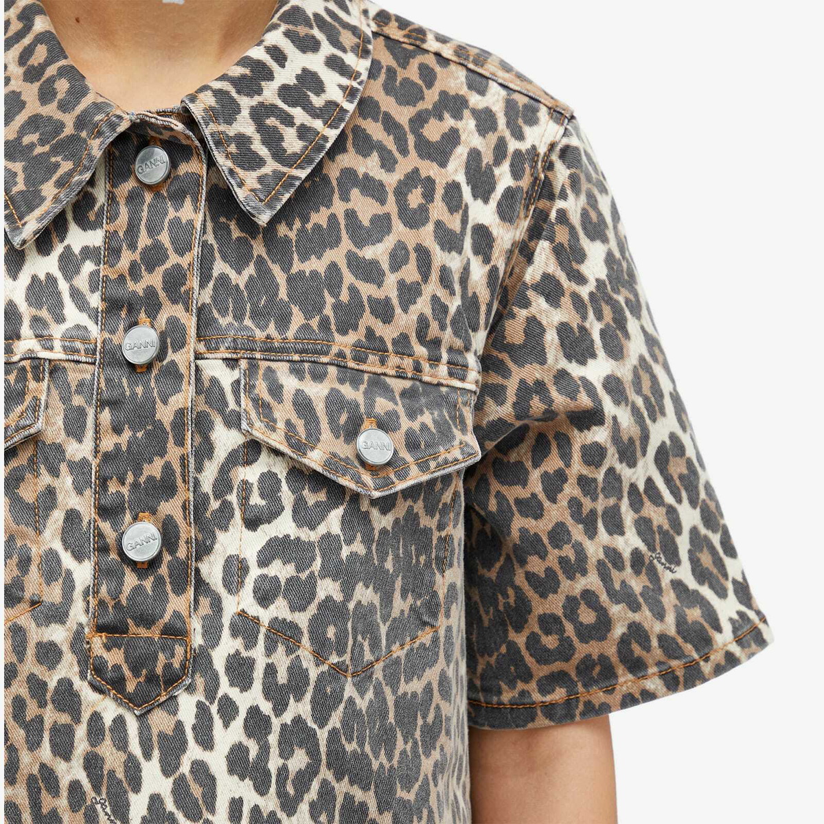 GANNI Women's Print Denim Mini Dress in Leopard GANNI