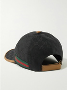 GUCCI - Leather and Webbbing-Trimmed Monogrammed Canvas Baseball Cap - Black