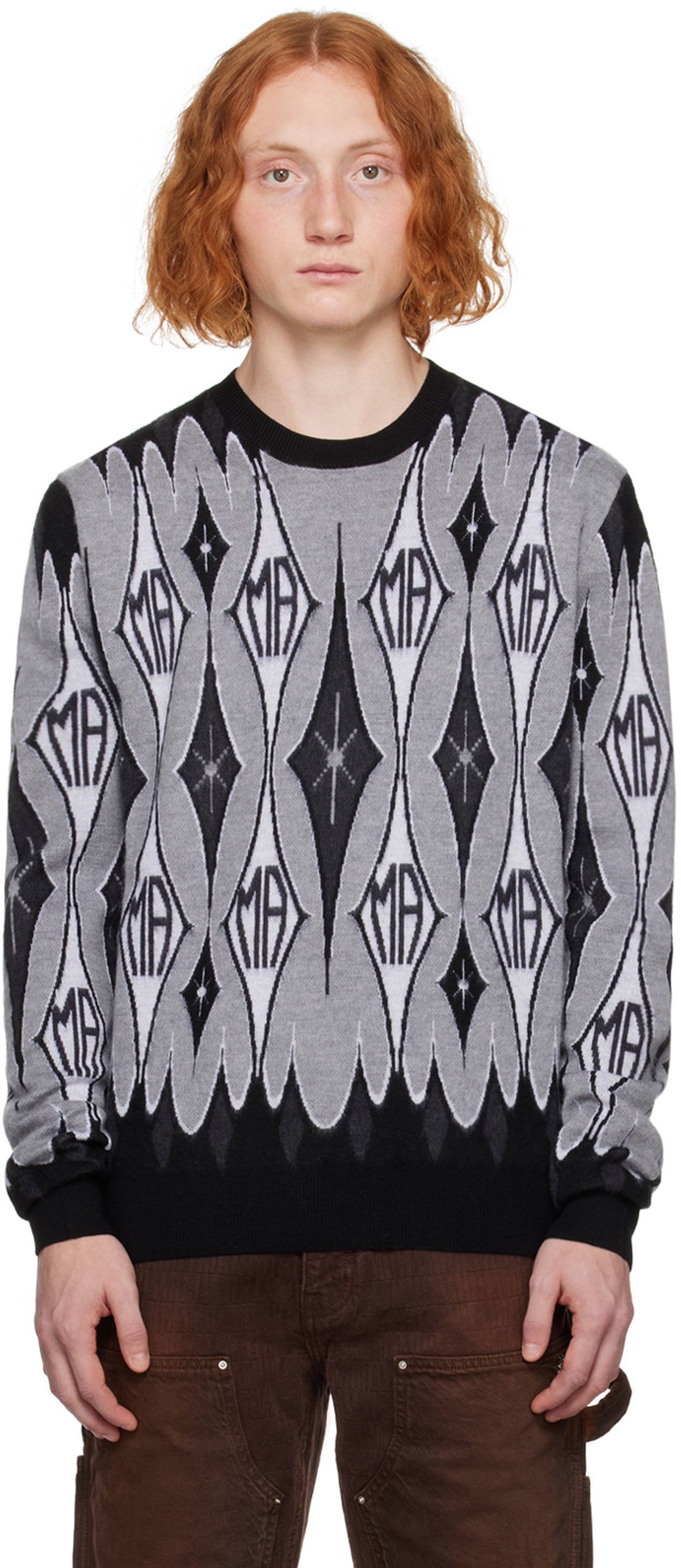 Louis Vuitton Mens Monogram Jacquard Knit Crew Neck Sweatshirt Navy White Small