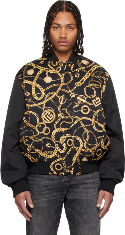 Photo: Balmain Black Chaînes Pattern & Monogram Reversible Bomber Jacket