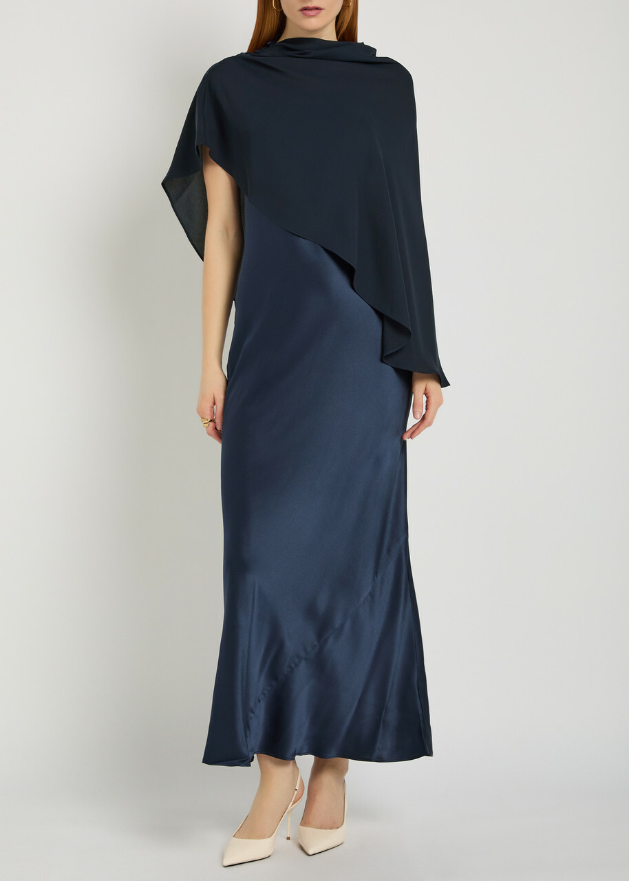 Reformation Lilibeth Cape-effect Silk Midi Dress Navy