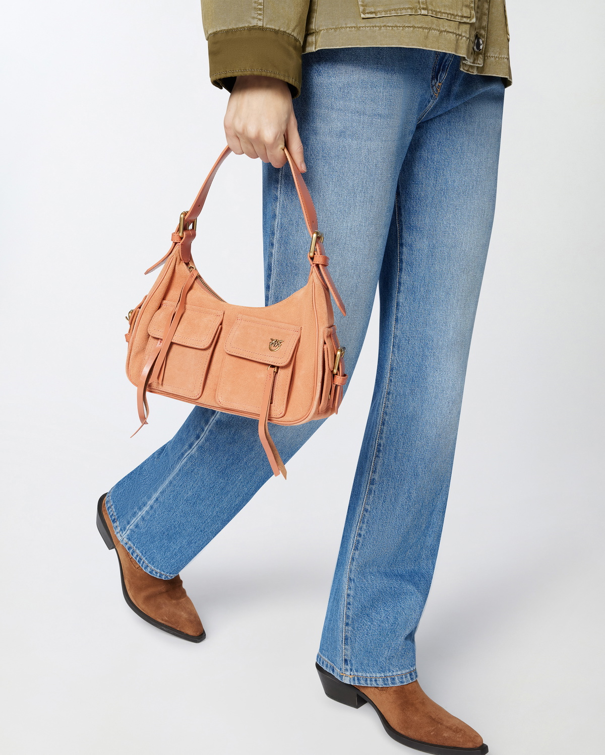Pinko Suede Cargo Shoulder Bag With Pockets Brandy Orange