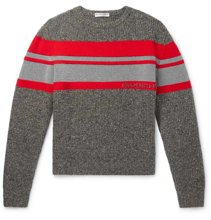 Photo: Givenchy - Striped Logo-Intarsia Reflective Wool Sweater - Gray