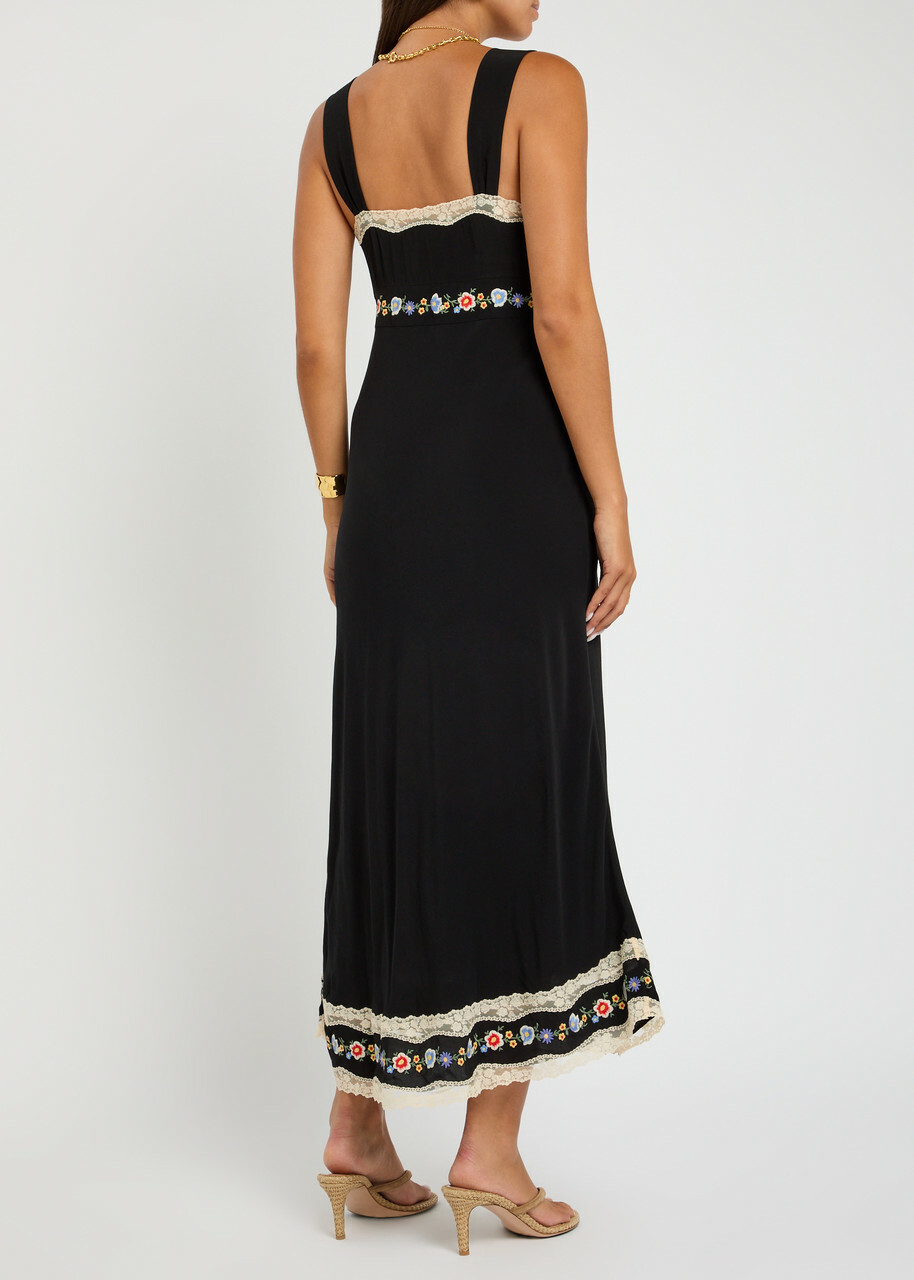 Rixo Lucie Floral-embroidered Chiffon Midi Dress Black Rixo