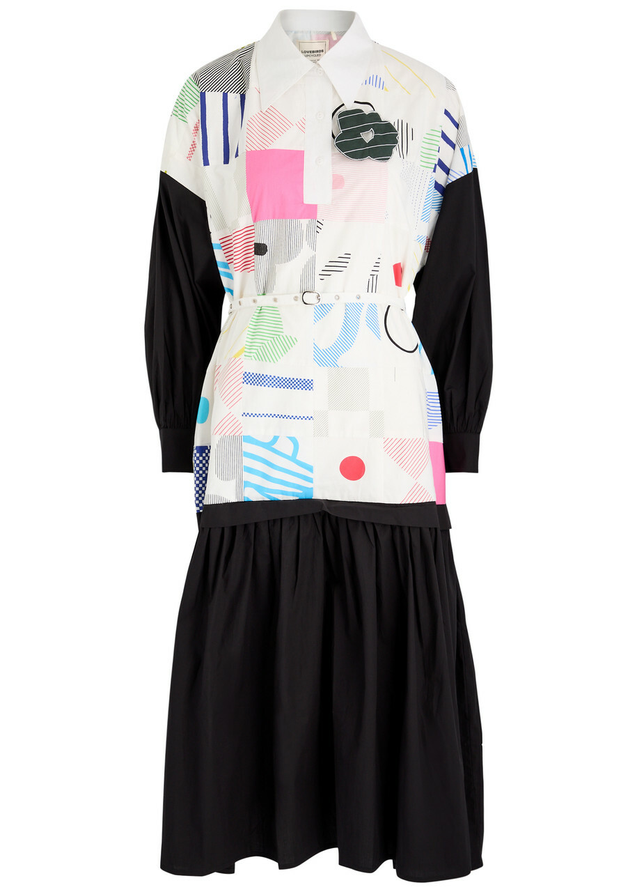 Lovebirds Printed Cotton-poplin Midi Shirt Dress Black