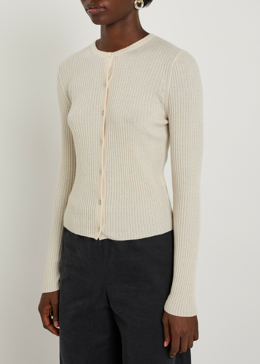 Vince Ribbed Cashmere and Silk-blend Cardigan Sand