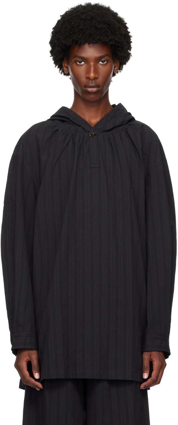 AMOMENTO Black Shirring Hooded Top