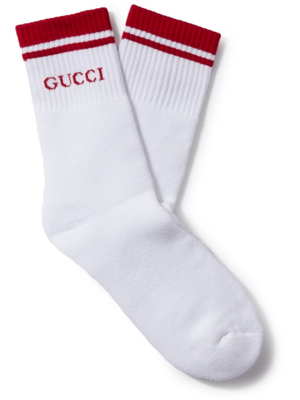 Photo: GUCCI - Logo-Intarsia Stretch Cotton-Blend Socks - White