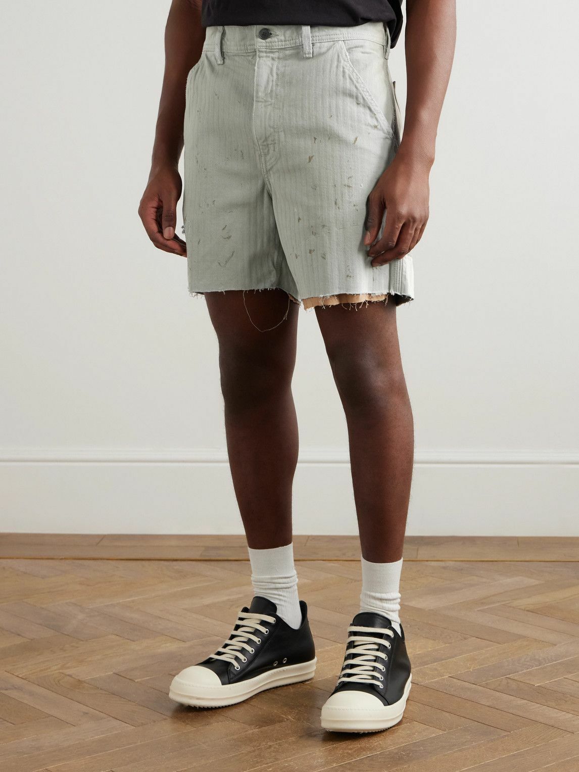 Enfants Riches Déprimés - Straight-Leg Distressed Paint-Splattered Cotton-Herringbone Shorts - Gray