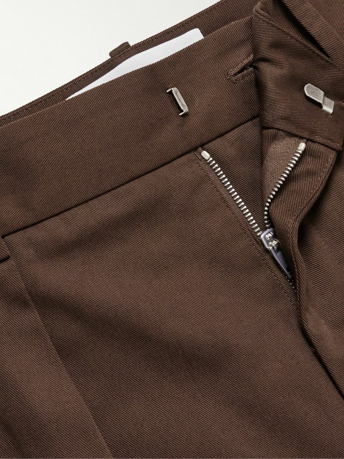 LOEWE - Straight-Leg Pleated Leather-Trimmed Cotton-Twill Trousers - Brown