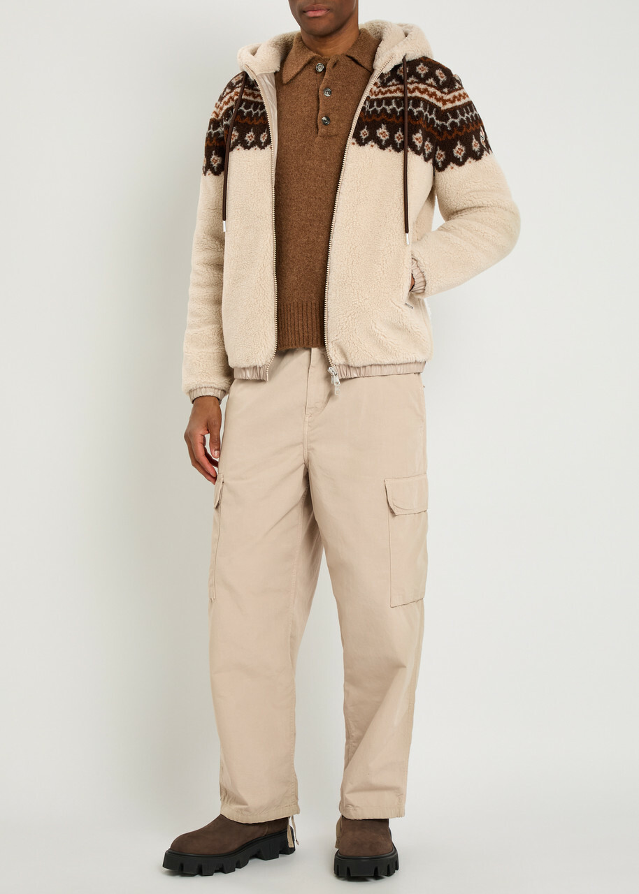 Moncler Felpa Aperta Hooded Teddy Fleece Jacket Ecru
