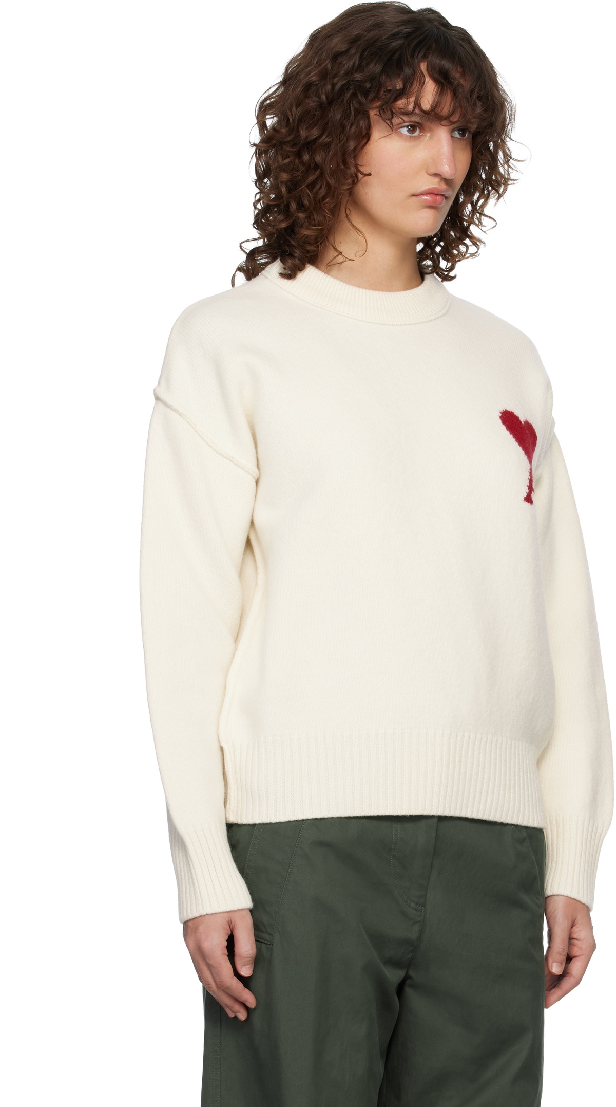 AMI Paris Off-White Wool Crewneck Ami de Coeur Sweater
