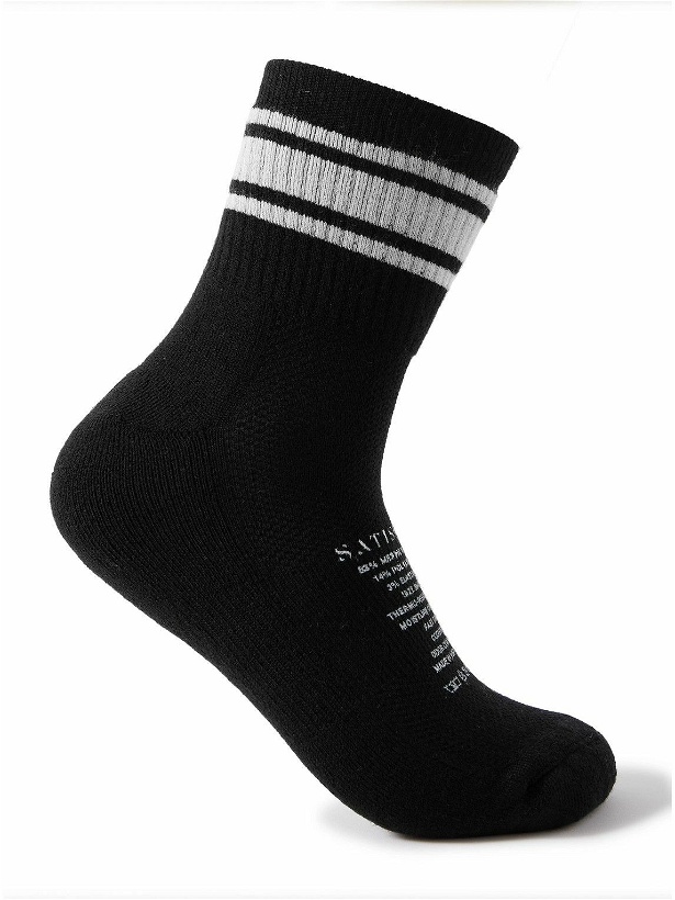 Photo: Satisfy - Striped Logo-Print Ribbed Merino Wool-Blend Socks - Black