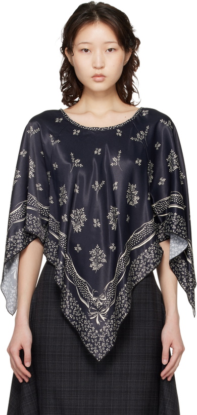 Photo: Anna Sui Black Ribbon Handkerchief Satin Print Poncho Blouse
